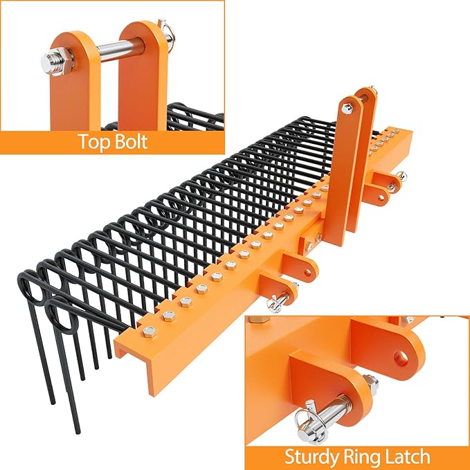 60 Inch 3 Point Tractor Rake, Pine Straw Needle Rake, Durable Powder Coated Steel Spring Landscape Rakes Fit for Cat0, Cat1, Orange