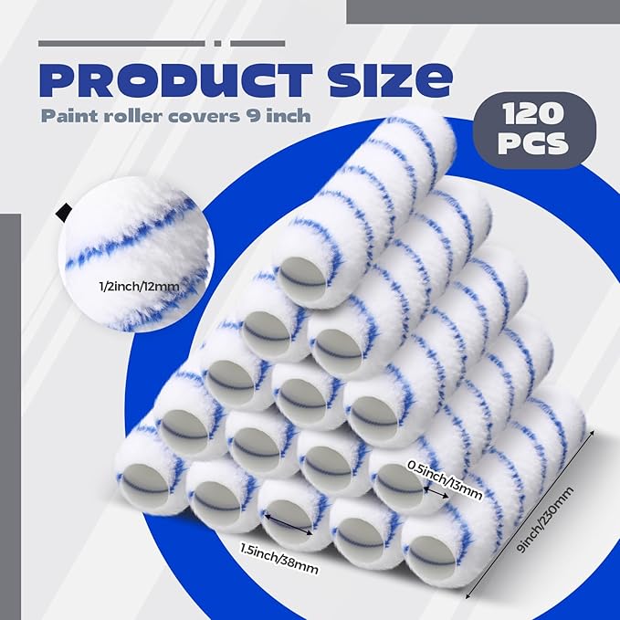 Leumoi 120 Pcs Paint Roller Covers, 1/2 Nap 9" Roller Covers, High Capacity Microfiber Naps for Wall Paint Kit Home Repair Tools Painting Supplies (Blue)
