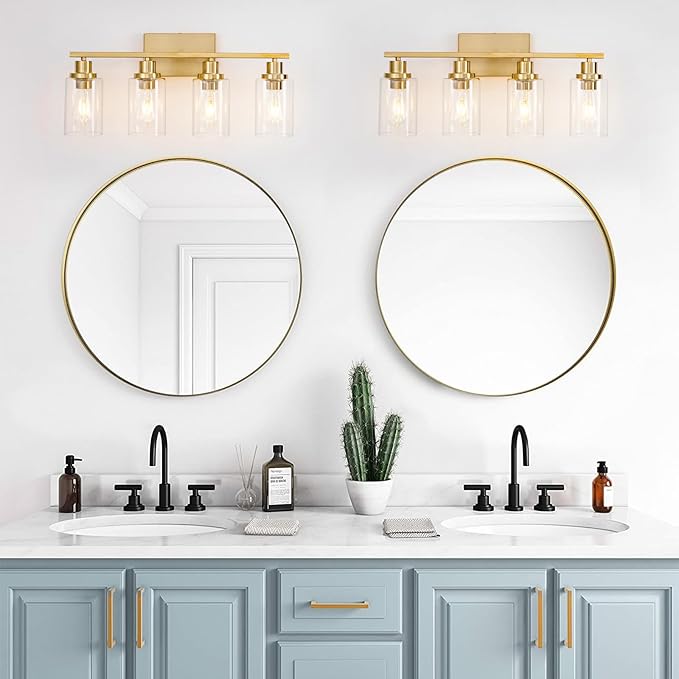 4 Light Gold Bathroom Light Fixtures Brushed Brass Vanity Light Over Mirror Modern Farmhouse Wall Lighting Sconces Wall Lamp for Bathroom, Bedroom, Living Room E26 Socket with Glass Shade