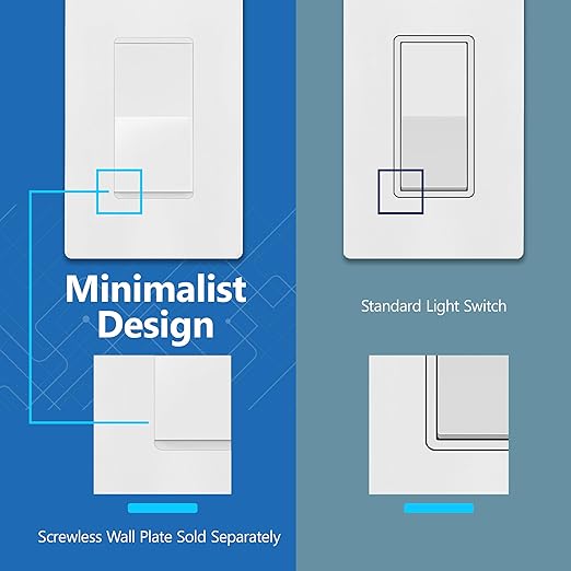 LIDER White Minimalist Decorator Switch, Frameless Light Switch, On/Off Rocker, Single Pole, Residential Grade, 3 Wire,15A 120-277VAC
