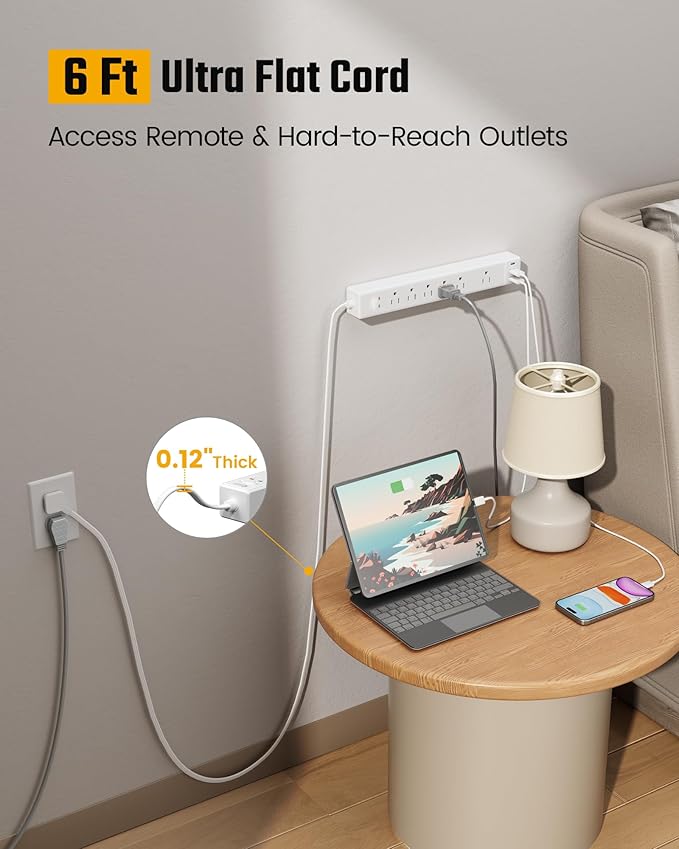Flat Plug Surge Protector Power Strip, 6ft Ultra Thin Extension Cord with 3 USB, SUPERDANNY 6 Outlets Charging Station, Wall Mountable Outlet Extender for Home Office, College Dorm Room