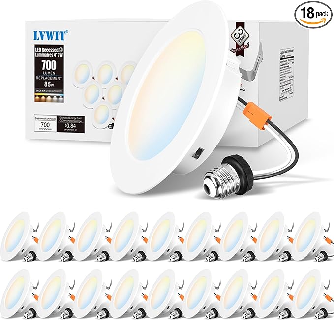 LVWIT 4 inch LED Recessed Lighting, Can Lights with White Cover, 5CCT Dimmable Downlight with E26 Conversion Kit, 18 Pack