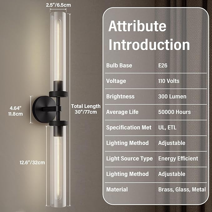 Black Wall Sconces Set of 2, Double Lights 30" Knurled Texture Indoor Wall Light Fixtures, Bathroom Vanity Light Fixtures with Clear Glass, Modern Wall Lamp for Living Room Hallway(Bulb Included)