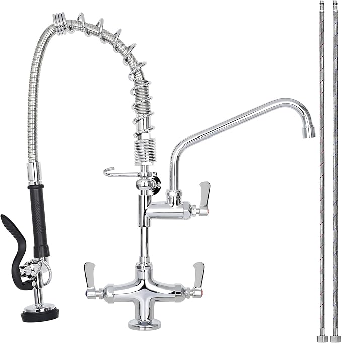 21" Height Commercial Sink Faucet Deck Mount with Pre-Rinse Sprayer, Commercial Kitchen Faucet with 8" Add-on Swing Spout Faucet & Spring Pull Down Sprayer, 8" Adjustable Center Kitchen Faucet