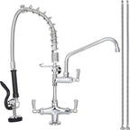 21" Height Commercial Sink Faucet Deck Mount with Pre-Rinse Sprayer, Commercial Kitchen Faucet with 8" Add-on Swing Spout Faucet & Spring Pull Down Sprayer, 8" Adjustable Center Kitchen Faucet