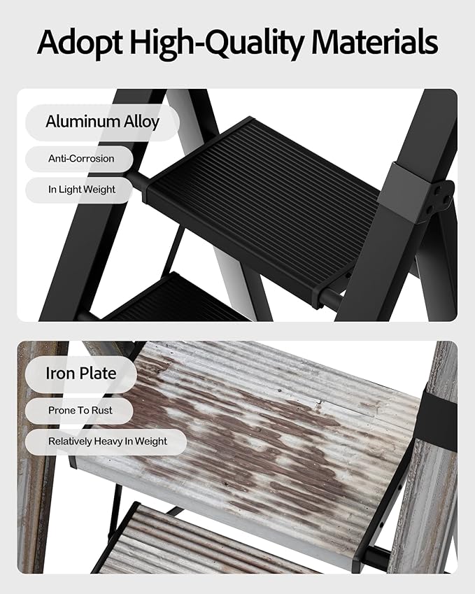 5 Step Ladder, Lightweight Folding Step Stool with Convenient Handgrip,Aluminum 330lbs Capacity Step Ladder for Office,Household,Kitchen(Black)