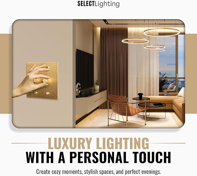 2-Gang Satin Solid Brass Rotary Dimmer Switch, 15A 120V AC Wall Mount, TRIAC/Leading Edge 1-Way Compatible, Dimmable LED Light Control with Knob, Faceplate & Dimming Module