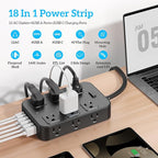 Flat Plug Power Strip Surge Protector 5 Ft Extension Cord with 12 AC Outlets 6 USB Ports 3 Side Multi Plug Outlet Extender Home Office Kitchen Dorm Room Wall Desk Charging Station ETL Listed
