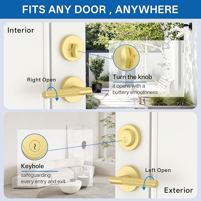 Amerdeco Front Door Lock Set with Double Cylinder Deadbolt, Exterior Entry Door Lever, Heavy Duty Entry Door Locksets for Left or Right Hand Exterior Door（Brushed Gold 1 Pack）