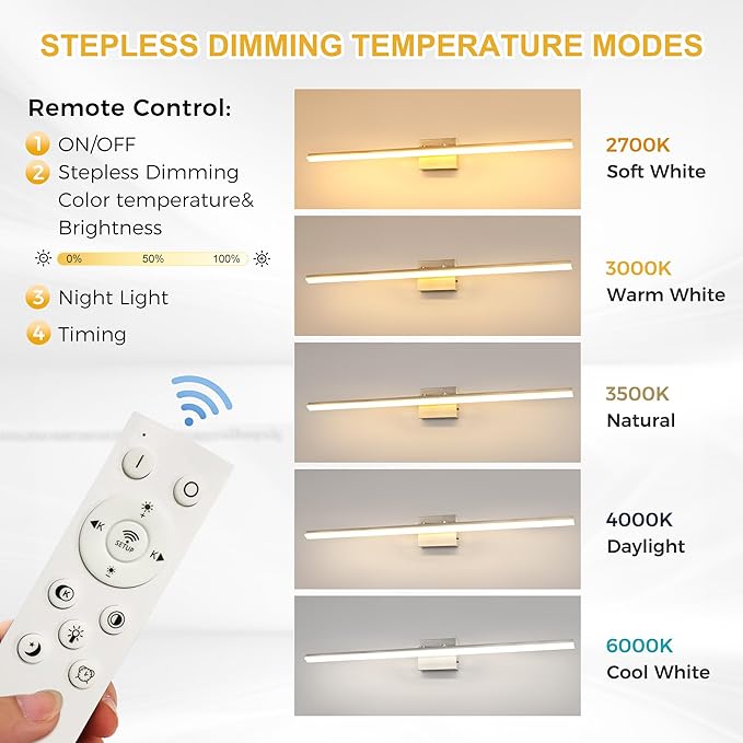 L LOHAS LED 48-Inch Bathroom Vanity Light Bar Over Mirror, Brushed Nickel Modern Bathroom Light Fixtures, 5CCT Adjustable LED Vanity Lights for Living Room Wall with Remote Control