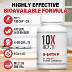 10X Health 5 MTHF Supplement - Methylated Multivitamin with Methylfolate & Magnesium for Brain, Heart Health, DNA & Neurotransmitter Synthesis - Bioavailable 5-MTHF Supplement - 60 Capsules