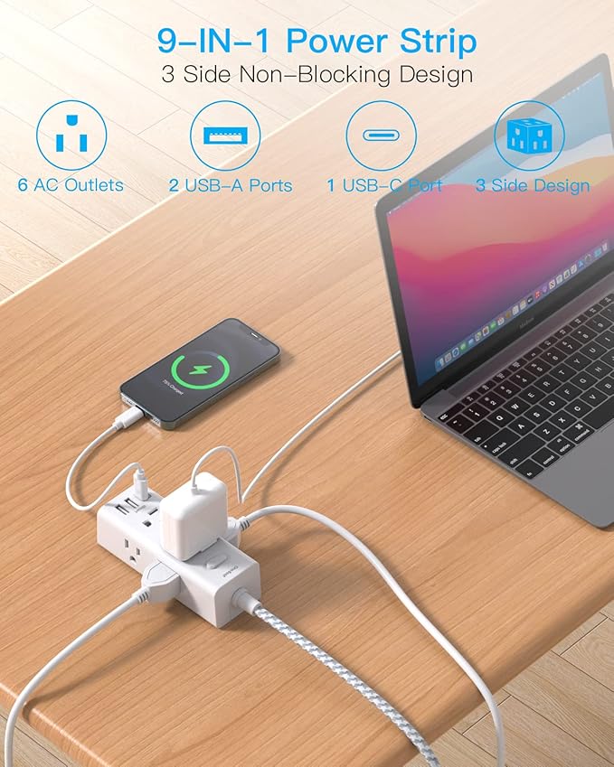 One Beat Short Extension Cord 1Ft, Flat Plug Power Strip Surge Protector - 6 Widely Outlets with 3 USB Ports (1 USB C), Wall Mount Small Power Strip for Travel, Home Office College Dorm Essentials