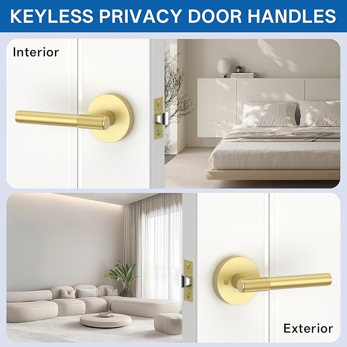 Amerdeco 1 Pack Brushed Gold Door Handles Interior, Knurled Passage Door Handles,Gold Door Lever for Bedroom or Bathroom,Reversible Keyless for Left Right Handed Doors AM0027