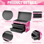 WORKPRO Metal Mini Tool Box, Top Tool Chest containing Two Drawers with Ball Bearing Slides, PVC Drawer Liners and PP Feet Pads, Cold Rolled Steel Small Toolbox for Multi-Purpose Storage - Pink Ribbon