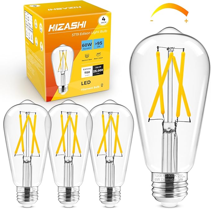 Hizashi LED Edison Bulbs, 6W, Equivalent 60W, Dimmable E26 LED Bulb, 3000K Soft White, 95+ CRI 700 Lumens, ST19 Vintage Light Bulbs, Clear Glass, Pack of 4