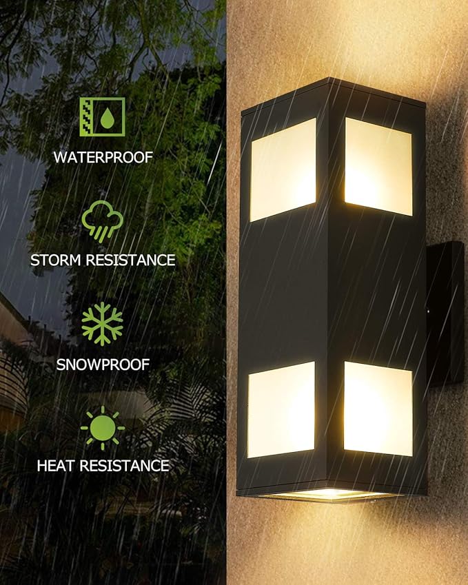 harriet Porch Lights Outdoor Modern - IP64 Waterproof Aluminum and Tempered Glass Cover, 13" Rectangular Up/Down Wall Sconce for Porch, Garage & Patio, Exterior Lighting, Black, 2 Pack