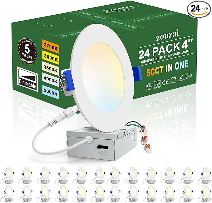 zouzai 24 Pack 4 Inch Ultra-Thin LED Recessed Ceiling Light with Junction Box 5CCT Adjustable Dimmable Can-Killer Downlight - ETL and Energy Star Certified (24 Pack 5CCT White, 4 Inch)