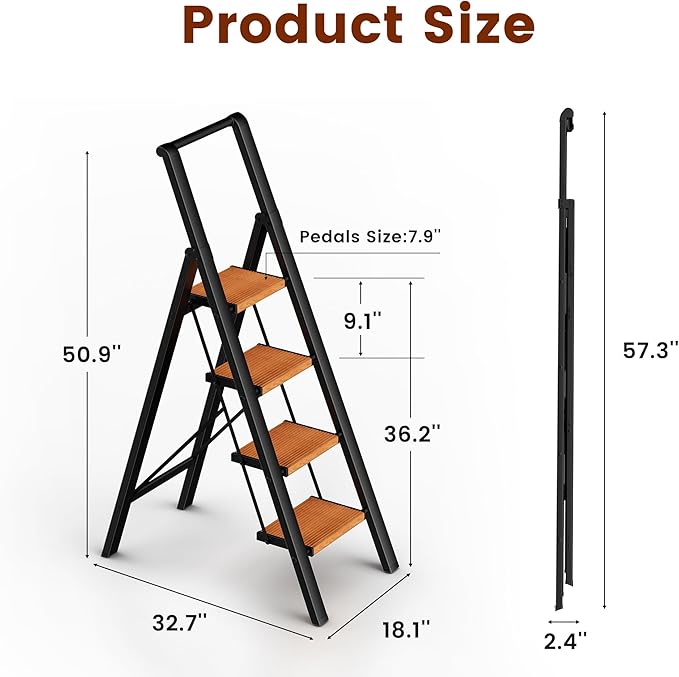 GameGem 4 Step Ladder, Lightweight Aluminum Folding Step Stool with Convenient Handgrip, Stepladders with Anti-Slip and Wide Pedal for Home Use Space Saving - Black+Woodgrain