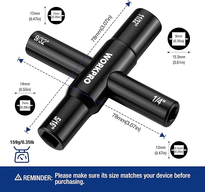 WORKPRO 2PC 4 Way Sillcock Key Set, 40Cr Universal Utility Water Key, 1/4", 9/32", 5/16", 11/32", Multifunctional Heavy-Duty Water Valve Key Tool for Faucet, Spigot, Electric Meter & Cabinet, Black