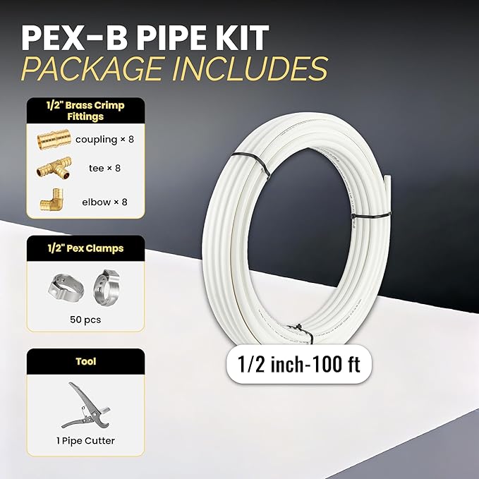 1/2 Inch-100 ft Foskan White PEX-B Pipe,Water Tubing with a Pipe Cutter,24 Pcs 1/2" Pex Crimp Brass Fittings & 50 Pcs Clamp rings
