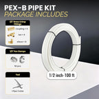 1/2 Inch-100 ft Foskan White PEX-B Pipe,Water Tubing with a Pipe Cutter,24 Pcs 1/2" Pex Crimp Brass Fittings & 50 Pcs Clamp rings