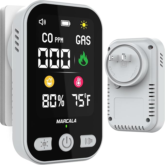 MARCALA 2026 1-Pack Travel Carbon Monoxide Detector | Carbon Monoxide Detectors Portable | Carbon Monoxide and Gas Detectors | Wall Plug-in & Battery for Power Outage | Temp, Humidity, Gas & CO Alarm!