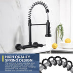 Wall Mount Kitchen Sink Faucet, 8 Inch Center Wall Mount Kitchen Faucets with 3-Function Pull Down Sprayer, Dual Handles Commercial Faucet for Kitchen Laundry Restaurant (Black)