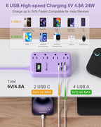 6 USB(2 USB C) Purple Surge Protector Power Strip- 10 Ft Purple Extension Cord with 24W USB Charging Station and 4 Outlets, Pink Desk Accessories for Cute Kawaii Lavender Travel Dorm Room
