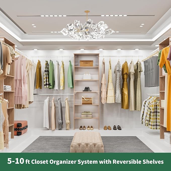 Closet System, 22.5" Wide Organizer with 3 Hanging Rods, Wood Tower Storage for Walk In Closets, Wall Mounted Wardrobe Organizer Kit, Bedroom, Fit Space 6-10 ft
