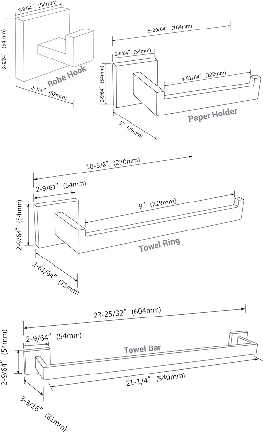 TRUSTMI 5-Piece Bathroom Hardware Accessory Set Robe Hook Towel Bar Toilet Roll Paper Holder Towel Ring Wall Mounted, SUS 304 Stainless Steel, Chrome