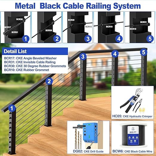CKE 60 Pairs Black Invisible Cable Railing kit 1/8" Swage Tensioner Hardware and Terminal Hidden T316 Stainless Steel Invisible Receiver and Swage Stud End for 2"x2" 4"x4" Wood/Metal Post Deck Stairs