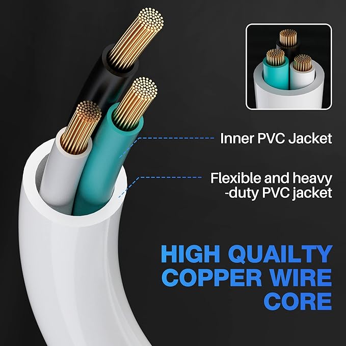 3 Prong Power Extension Cord with Multiple Outlets 15 FT, 16/3 Gauge Multi 3 Outlet Wire, 90 Degree Angled Male Plug, 16 AWG Grounded Wire (13A 125V 1625W), ETL Listed, White Cable with 25 Cable Ties