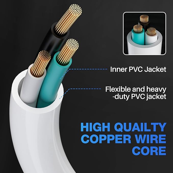 3 Prong Power Extension Cord with Multiple Outlets 10 FT, 16/3 Gauge Multi 3 Outlet Wire, 90 Degree Angled Male Plug, 16 AWG Grounded Wire (13A 125V 1625W), ETL Listed, White Cable with 25 Cable Ties