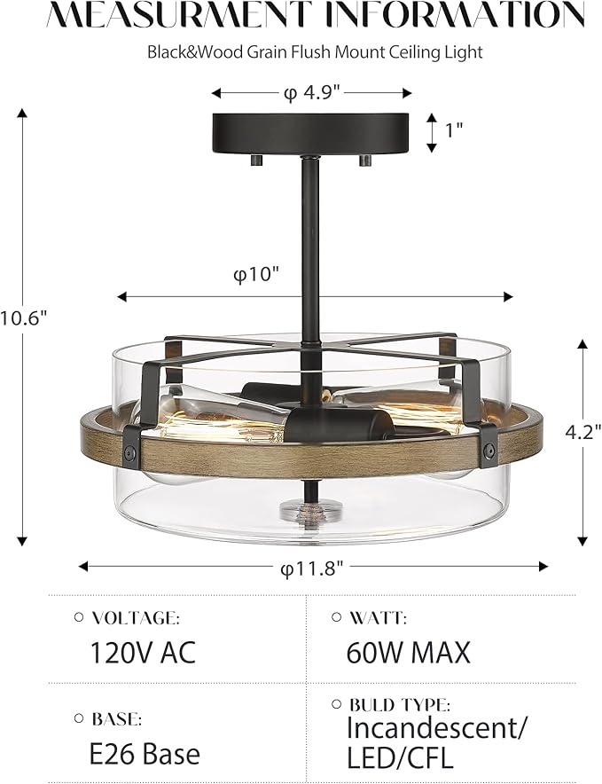 EAPUDUN Farmhouse Ceiling Light, Wooden Semi Flush Mount Ceiling Light Fixtures with Clear Glass Shade, Retro 2-Light Ceiling Lamp for Hallway Entryway Bedroom Kitchen Dining Room SMA1444-FBDT