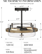 EAPUDUN Farmhouse Ceiling Light, Wooden Semi Flush Mount Ceiling Light Fixtures with Clear Glass Shade, Retro 2-Light Ceiling Lamp for Hallway Entryway Bedroom Kitchen Dining Room SMA1444-FBDT
