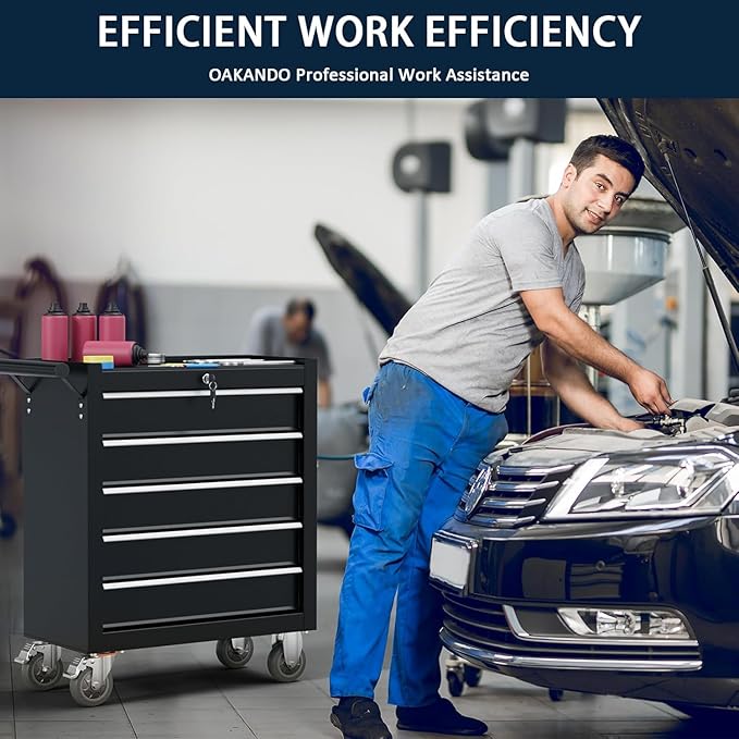 5-Drawer Metal Rolling Tool Chest with Wheels,Tool Storage Cabinet with Locking System，Toolbox with Wheels for Garage, Warehouse, Workshop, Repair Shop (Black, 5Drawer)