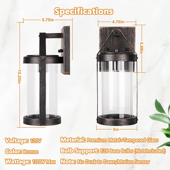 2-Pack Outdoor Wall Lights, Waterproof Outside Light Fixtures Wall Mount with Clear Ribbed Glass, Modern Bronze Exterior Wall Sconce Front Porch Lights for House, Patio, Garage, Bulbs Not Included