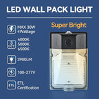 30W LED Wall Pack Light with Photocell 2Pack, 3CCT 4000/5000/6500K, 15/20/25/30W Selectable, LED Wall Lights Porch Lights Outdoor Security Lighting for House Garage Yard Garden, 100-277VAC, ETL Listed