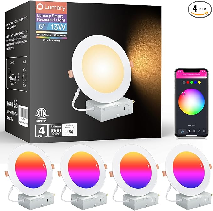 Lumary Smart Recessed Lighting 6 Inch, Canless LED Recessed Lights 13W 1000LM, Color Changing LED Downlight with J-Box, Compatible with Alexa/Google Assistant/BT Remote, ETL Listed, 4 Pack