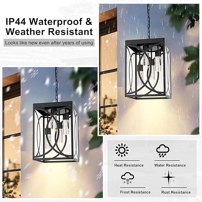 4-Lights LED Large 5CCT Outdoor Pendant Lights, Black Hanging Porch Lighting Fixture Build-in LED Chips with Clear Glass, Exterior Lantern Chandelier Ceiling Mount for Front Door Patio Garden