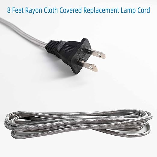 8 Feet Rayon Cloth Covered Replacement Lamp Cord with End Plug for Antique Lamp Repair DIY Project, SPT-1 Electric Wire,18 AWG, Stripped Ends,2 Pack,Silver Color