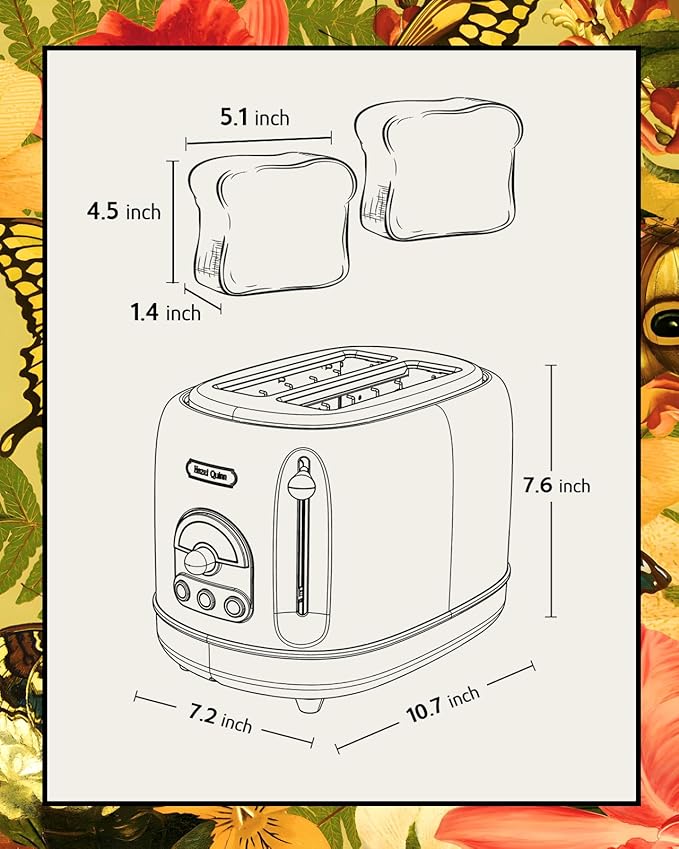 Hazel Quinn X Eduardo Recife Collaboration 2-Slice Retro Toaster, 6 Browning Levels, 3 Functions-Defrost/Reheat/Cancel, Removable Crumb Tray for Easy to Clean, 1.5 Inches Extra Wide Slots