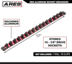 ARES 70202-3/8-Inch Drive Red Aluminum Socket Organizer - Store up to 16 Sockets and Keep Your Tool Box Organized - Sockets Will Not Fall Off this Rail