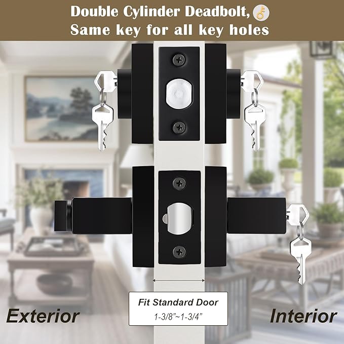 3 Pack Keyed Entry Door Lever and Double Cylinder Deadbolt Set, Keyed Alike Reversible Lockset, Matte Black Square Interior/Exterior Handleset for Bedroom, Front Door