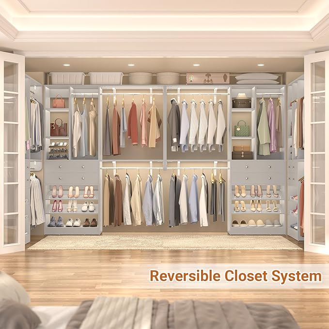 10FT Closet System with 4 Drawers, 120" Closet Organizer System with 6 Hanging Robs & Reversible Hanging Shelving, Closet Systems for Walk-in Closets, Load 2000+LBS, Morandi Grey 2 Pack