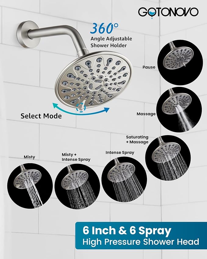 gotonovo 3 Handle Tub Shower Faucet Set, Bathtub Shower Fixture,Bathroom Tub and Shower Faucet Combo Shower System Complete Tub and Shower Trim Kit with 6 Settings Showerhead Brushed Nickel