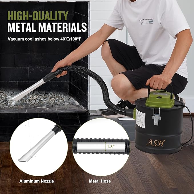 Ash Vacuum Cleaner -2.6 Gallon Fireplace Ash Vac with 800w Powerful Hose Non-Woven Dust Separator | Dry Stove Vacuum for Fireplaces Pellet Grill Wood Stove Fire Pits Green