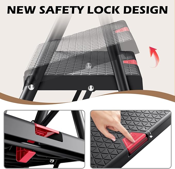 KINGRACK Step Ladder, Portable Folding Step Stool with Anti-Slip Wide Pedals, Heavy Sturdy Steel with Handrail, Safe-Lock Design, 800lbs Load Capacity, for Home and Kitchen, Black (3 Step Ladder)