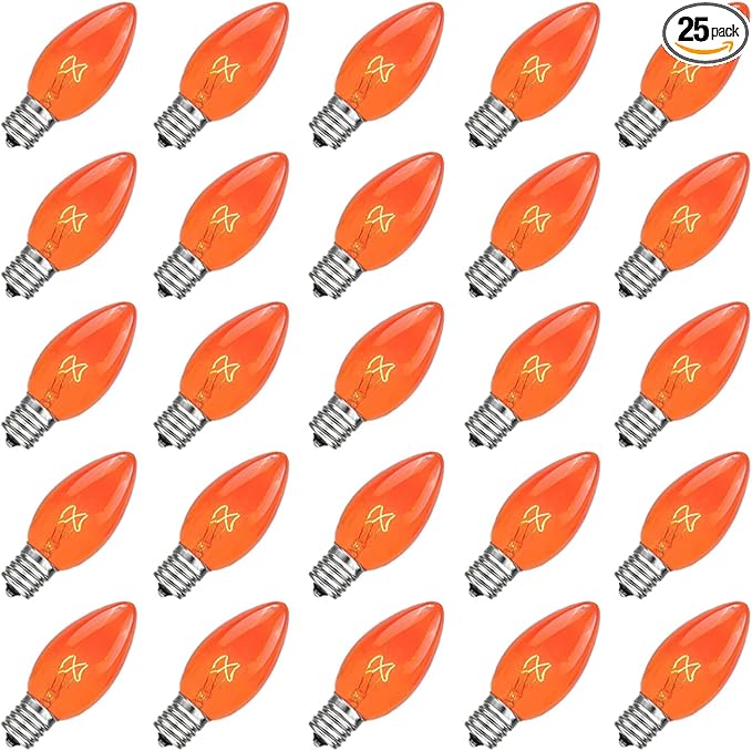 25 Pack Orange Replacement Bulbs C7 Halloween Glass Replacement Bulbs for Outdoor String Light, Patio Lights, C7/E12 Candelabra Base 5 Watt Great for Night Lights and Halloween Bulbs