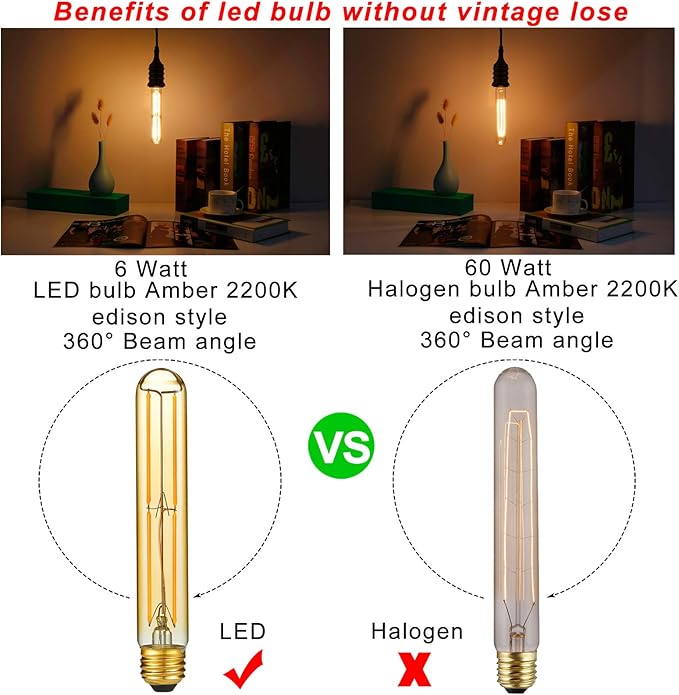 LiteHistory E26 LED Bulb Dimmable 6W led Bulb Equal 60 Watt Light Bulb Warm White 2200K Amber Edison Bulb AC120V 450lm T10 led Bulb for Rustic Pendant,Industrial Wall sconces E26 Light Bulbs 6Pack